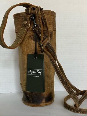 Myra Bag Wine Bottle Tote Leather Strap Accent Tan Distressed New